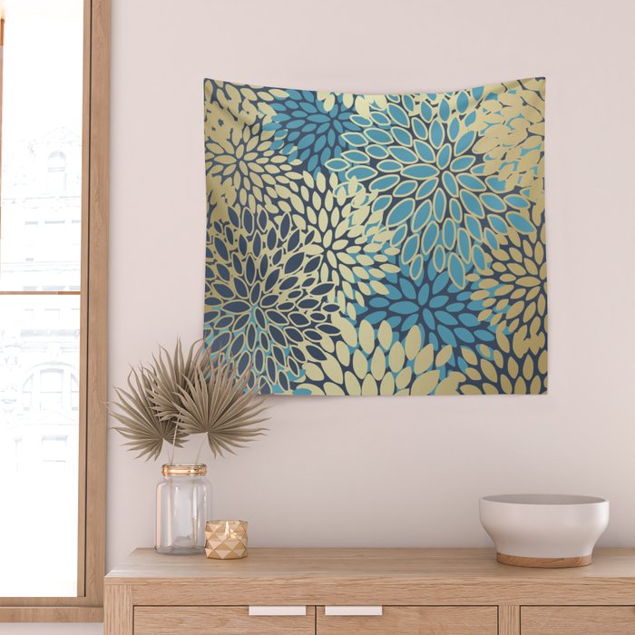 Christmas, Flower Garden, Gold and Blue, Floral Prints Wall Tapestry Gallery Image 2