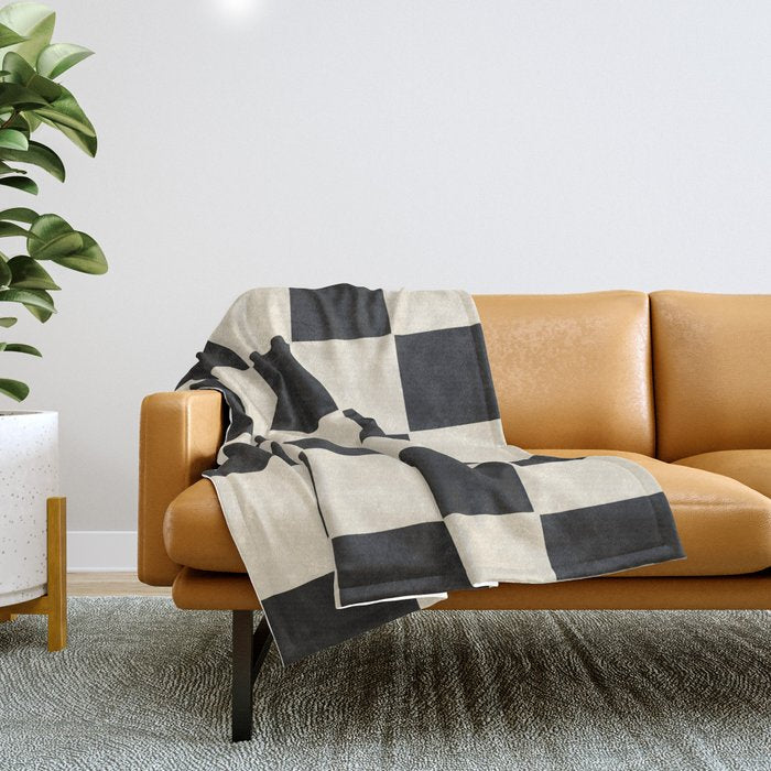 Beige & Black Check, Modern Checkerboard  Throw Blanket Gallery Image 1