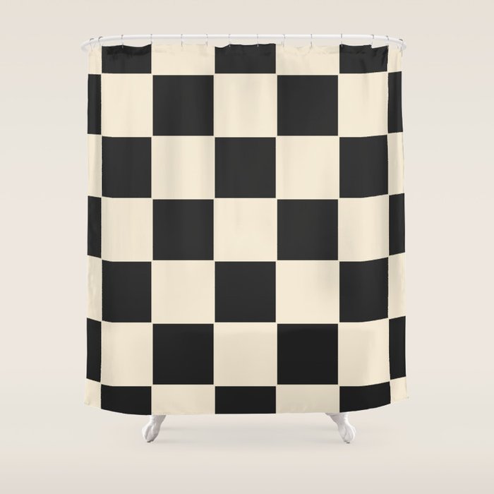Beige & Black Check, Modern Checkerboard  Shower Curtain Gallery Image 1