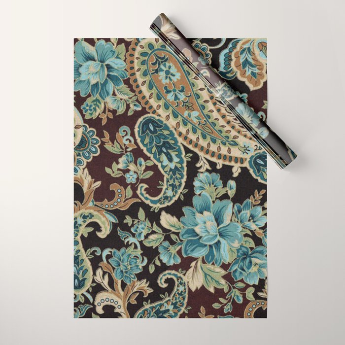 Brown Turquoise Paisley Floral Wrapping Paper Gallery Image 1