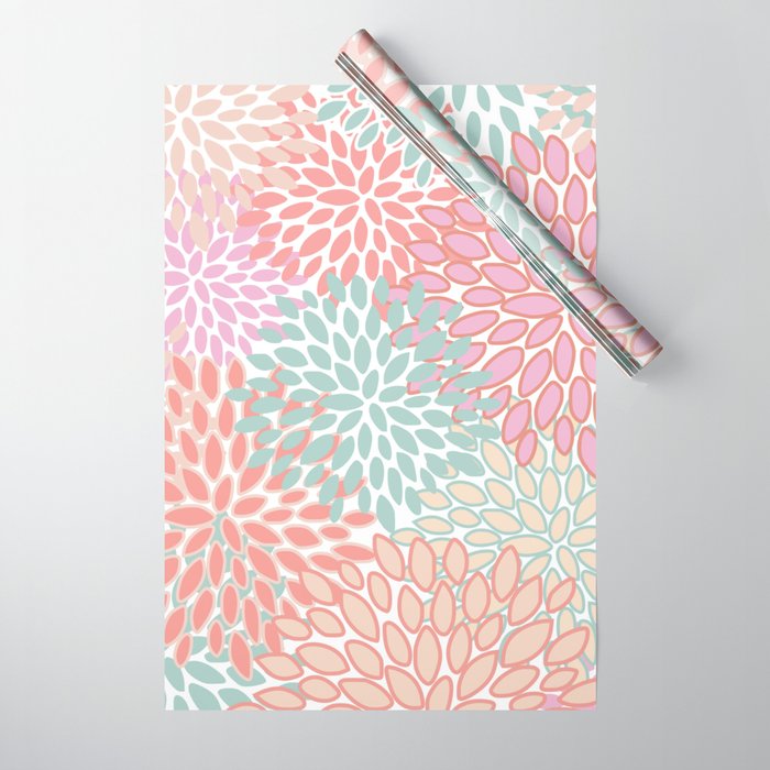 Festive, Floral Prints, Pink, Teal and Coral Wrapping Paper Gallery Image 1