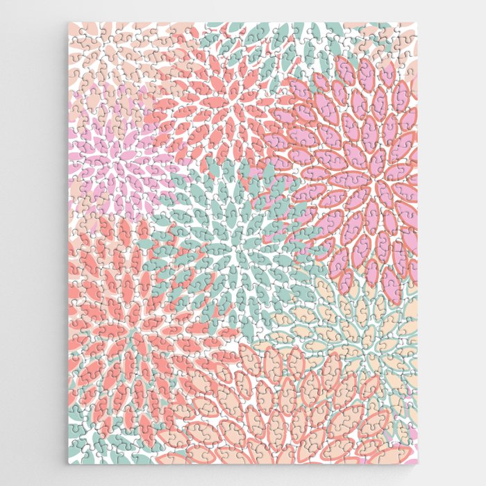 Festive, Floral Prints, Pink, Teal and Coral Jigsaw Puzzle Gallery Image 1