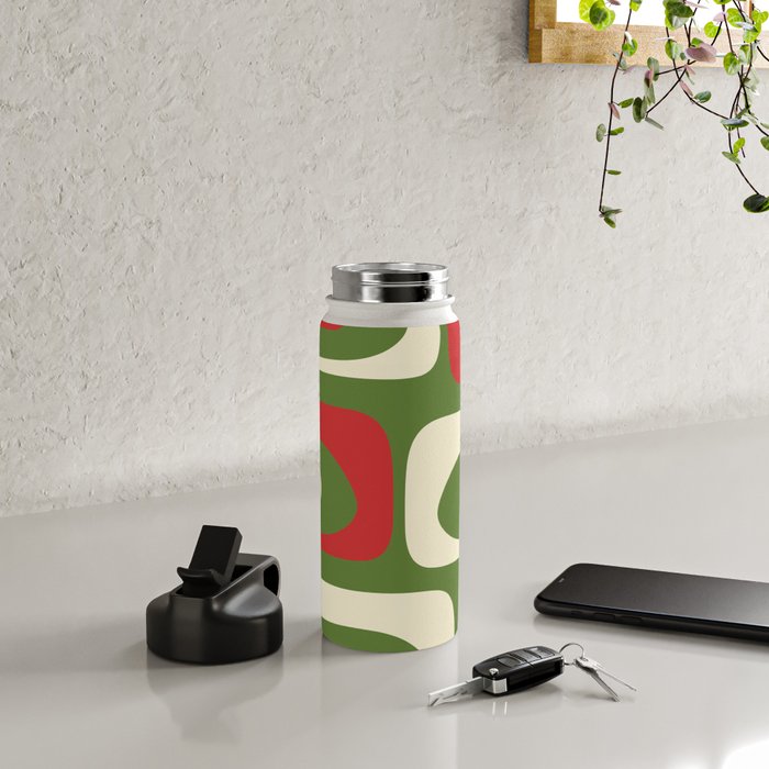 Piquet Mid-Century Modern Minimalist Abstract in Retro Christmas Green, Red, and Cream Water Bottle Gallery Image 4