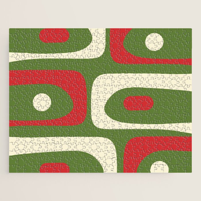 Piquet Mid-Century Modern Minimalist Abstract in Retro Christmas Green, Red, and Cream Jigsaw Puzzle Gallery Image 1
