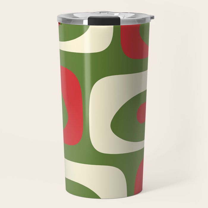 Piquet Mid-Century Modern Minimalist Abstract in Retro Christmas Green, Red, and Cream Travel Mug Gallery Image 1