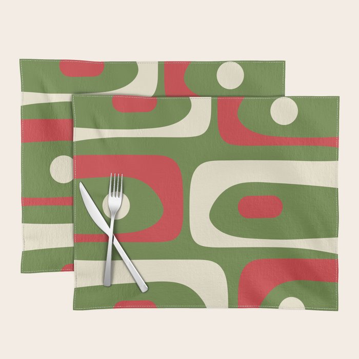 Piquet Mid-Century Modern Minimalist Abstract in Retro Christmas Green, Red, and Cream Placemat Gallery Image 1