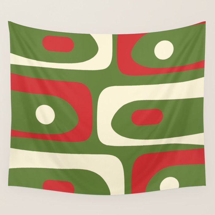 Piquet Mid-Century Modern Minimalist Abstract in Retro Christmas Green, Red, and Cream Wall Tapestry Gallery Image 4