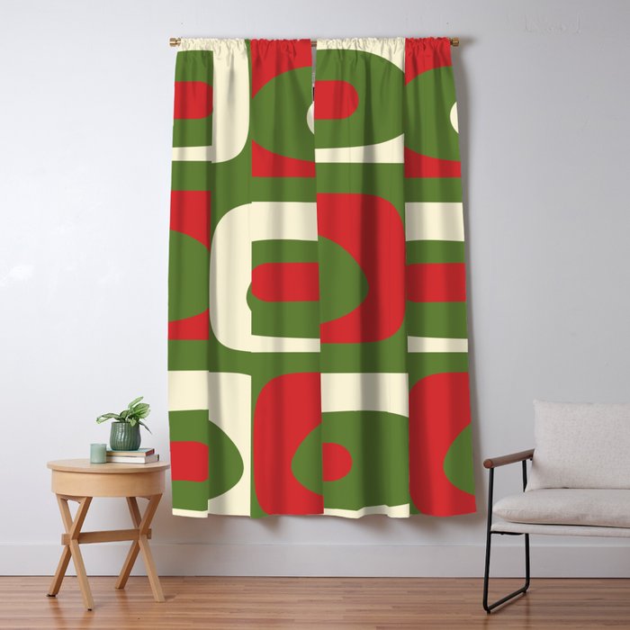 Piquet Mid-Century Modern Minimalist Abstract in Retro Christmas Green, Red, and Cream Window Curtain Gallery Image 1