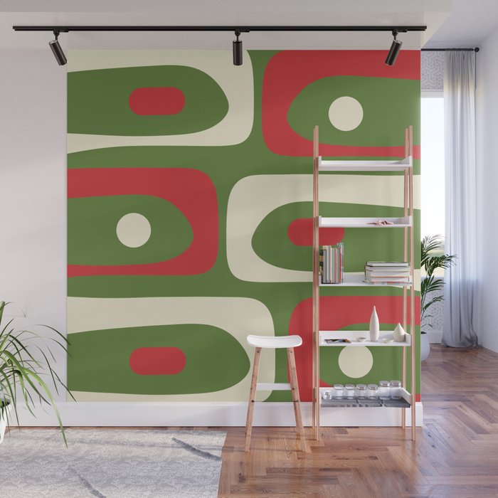 Piquet Mid-Century Modern Minimalist Abstract in Retro Christmas Green, Red, and Cream Wall Mural Gallery Image 1