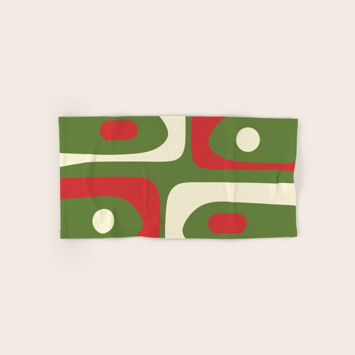 Piquet Mid-Century Modern Minimalist Abstract in Retro Christmas Green, Red, and Cream Bath Towel Gallery Image 1