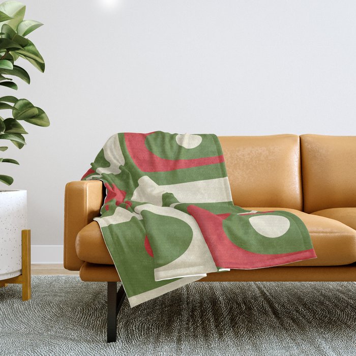 Piquet Mid-Century Modern Minimalist Abstract in Retro Christmas Green, Red, and Cream Throw Blanket Gallery Image 1