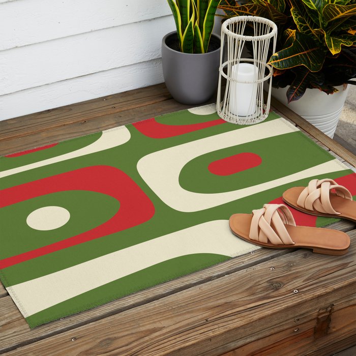 Piquet Mid-Century Modern Minimalist Abstract in Retro Christmas Green, Red, and Cream Outdoor Rug Gallery Image 2