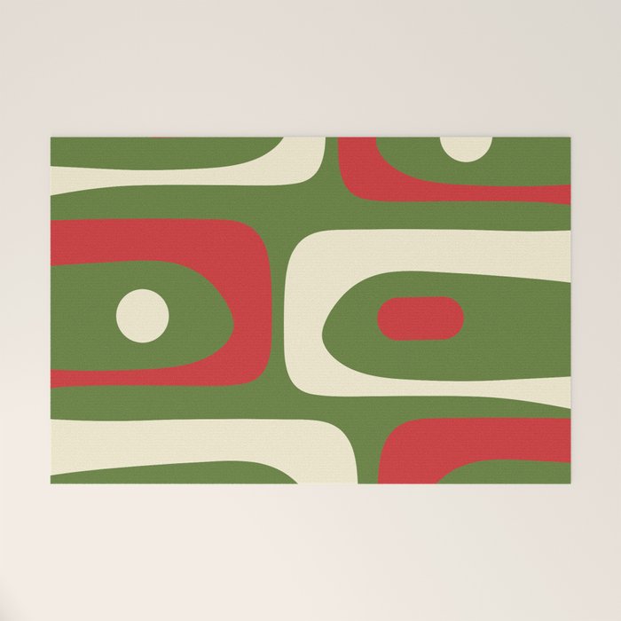 Piquet Mid-Century Modern Minimalist Abstract in Retro Christmas Green, Red, and Cream Welcome Mat Gallery Image 1