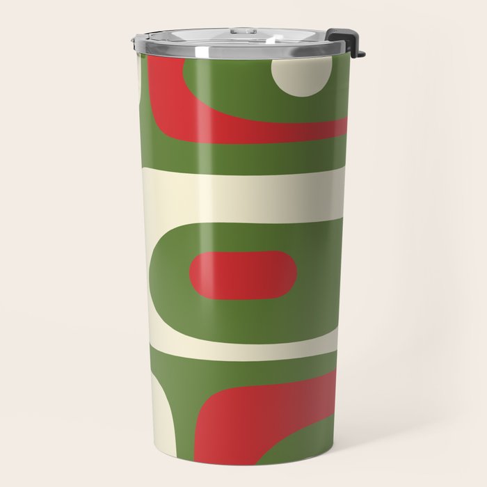 Piquet Mid-Century Modern Minimalist Abstract in Retro Christmas Green, Red, and Cream Travel Mug Gallery Image 2