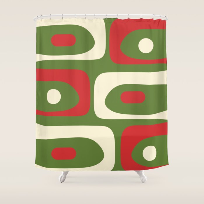 Piquet Mid-Century Modern Minimalist Abstract in Retro Christmas Green, Red, and Cream Shower Curtain Gallery Image 1