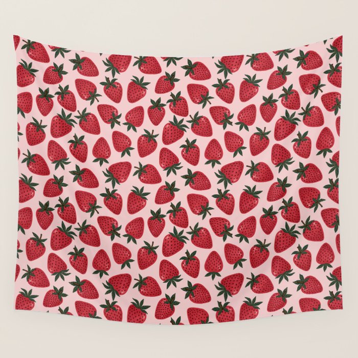 Gouache Strawberry in Pink Wall Tapestry Gallery Image 1