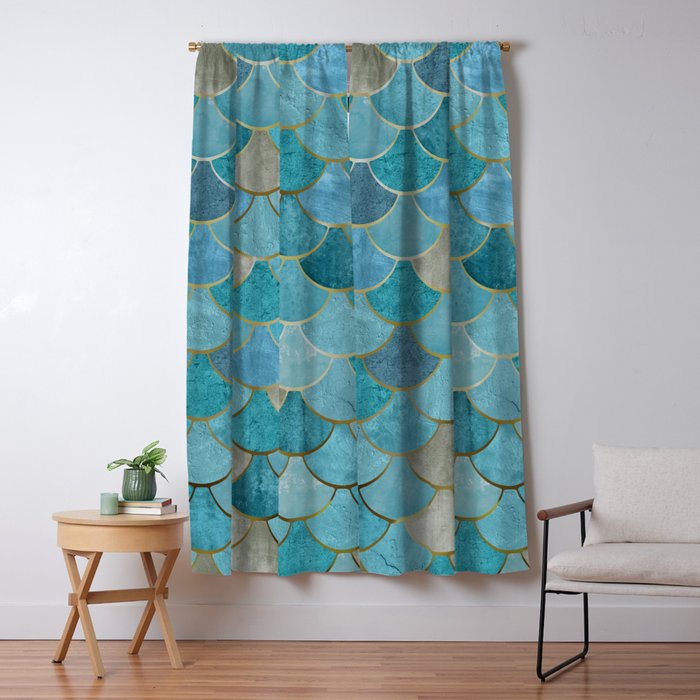 Moroccan Fish Scale Mermaid Pattern, Teal Blue and Gold Window Curtain Gallery Image 5