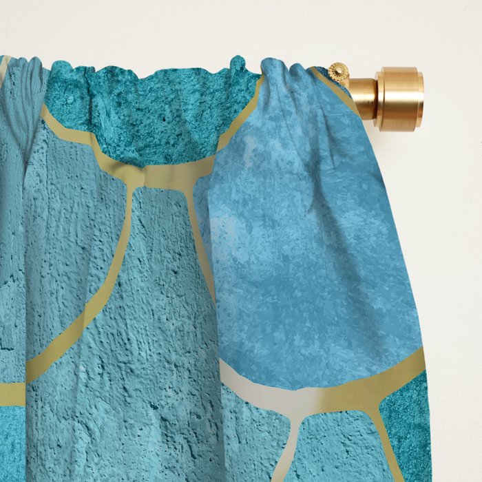 Moroccan Fish Scale Mermaid Pattern, Teal Blue and Gold Window Curtain Gallery Image 2