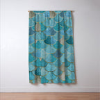 Moroccan Fish Scale Mermaid Pattern, Teal Blue and Gold Window Curtain Gallery Image 3