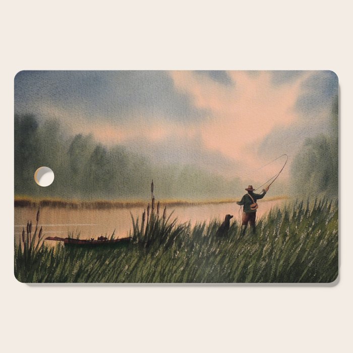The Fly Fisherman With His Loyal Friend Cutting Board Gallery Image 1