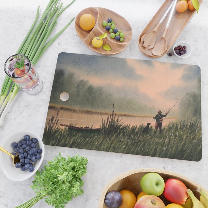 The Fly Fisherman With His Loyal Friend Cutting Board Gallery Image 2