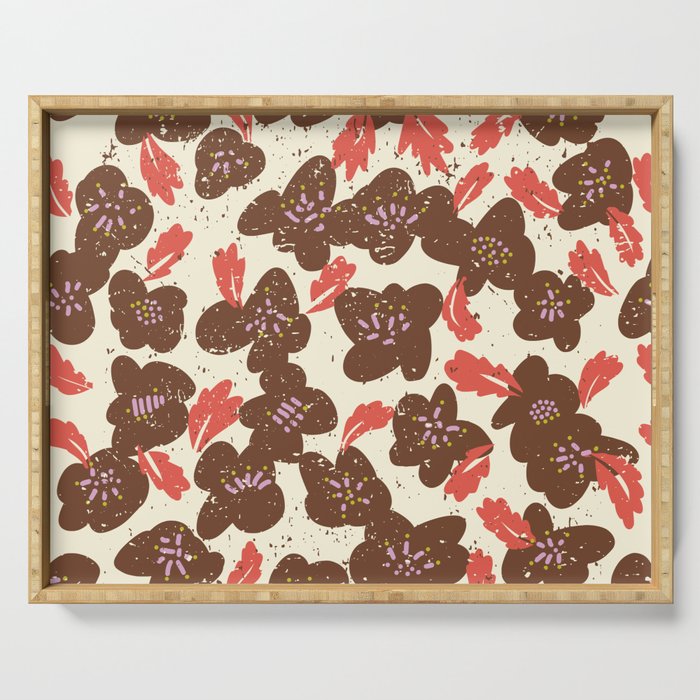 Bold flowers in my garden brown on offwhite Serving Tray Gallery Image 1
