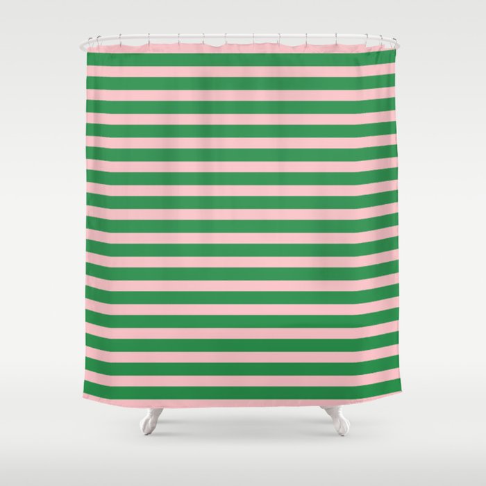 Pink and Green Narrow Stripe Pattern Shower Curtain Gallery Image 1