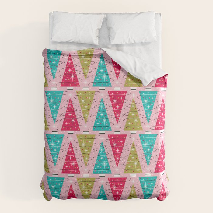 Christmas Tree Trimming Party Pink Duvet Cover Gallery Image 1