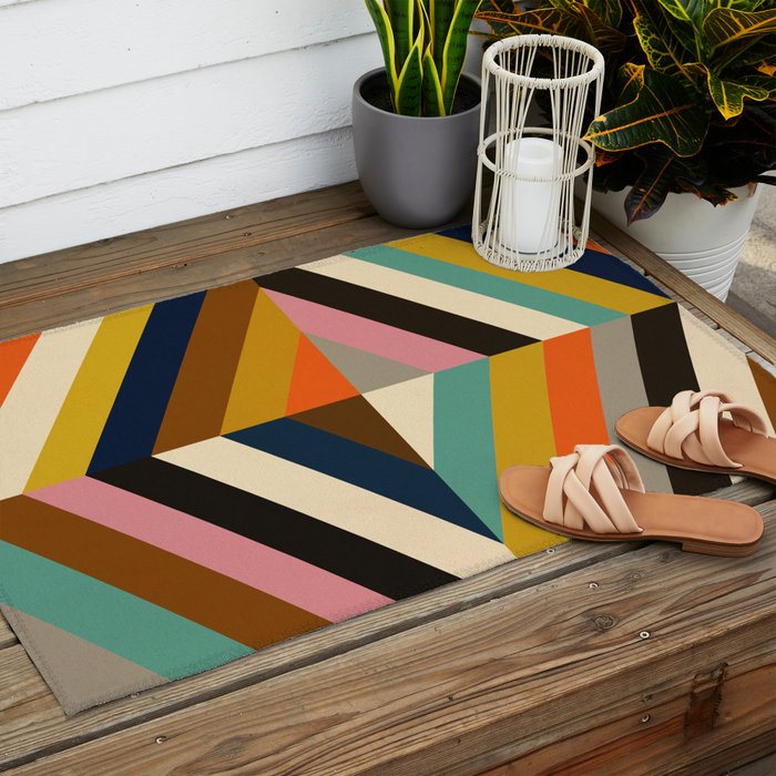 Mid Century Geometric Pattern Technicolor Diamond  Outdoor Rug Gallery Image 2