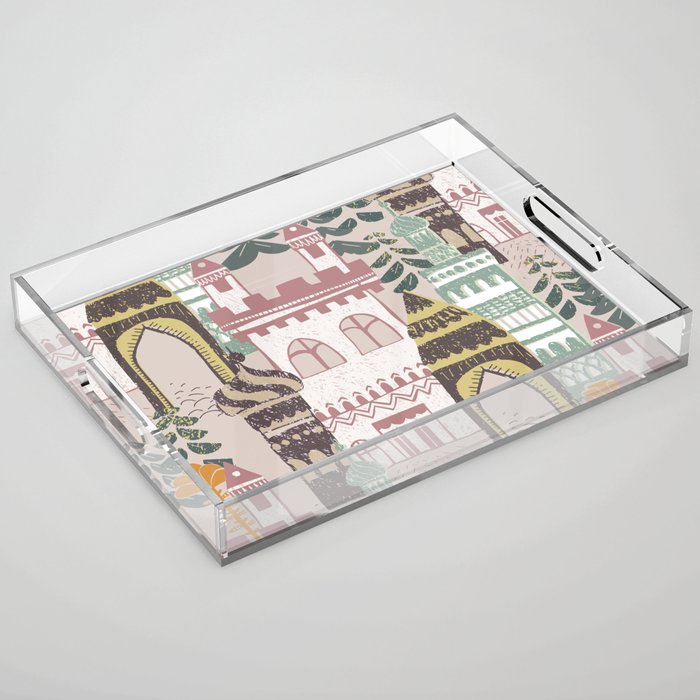 Block print Home pattern earthy colors Acrylic Tray Gallery Image 1