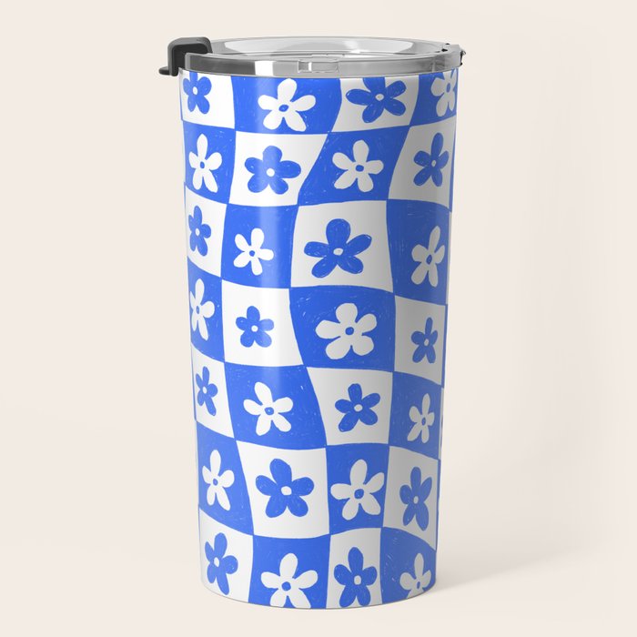 Retro Blue Daisy Checkerboard  Travel Mug Gallery Image 3