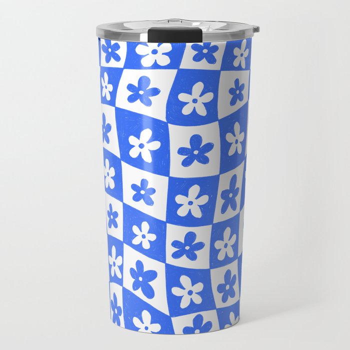 Retro Blue Daisy Checkerboard  Travel Mug Gallery Image 1