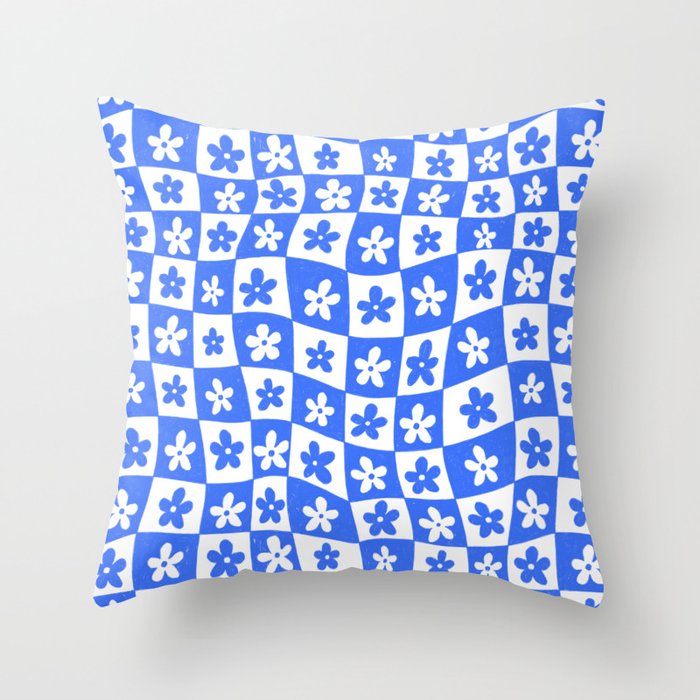 Retro Blue Daisy Checkerboard  Throw Pillow Gallery Image 6