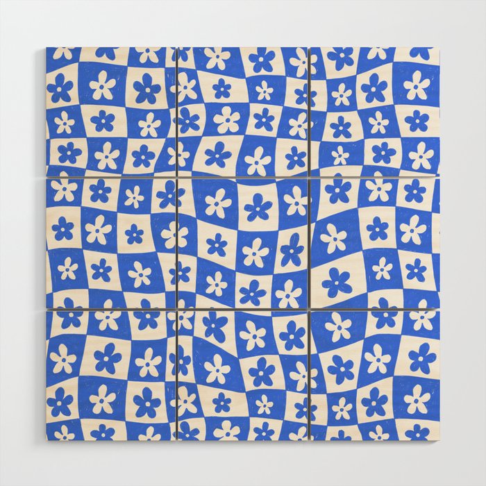 Retro Blue Daisy Checkerboard  Wood Wall Art Gallery Image 1