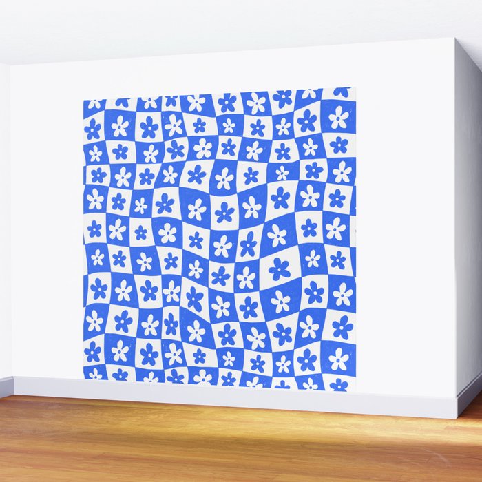 Retro Blue Daisy Checkerboard  Wall Mural Gallery Image 2
