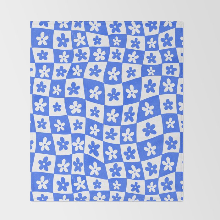 Retro Blue Daisy Checkerboard  Throw Blanket Gallery Image 2