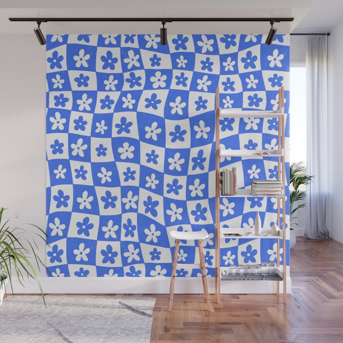 Retro Blue Daisy Checkerboard  Wall Mural Gallery Image 1