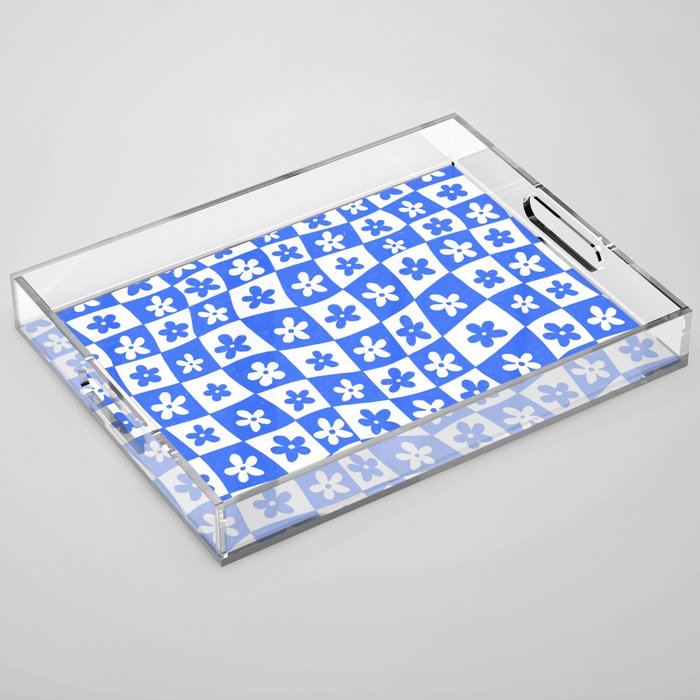 Retro Blue Daisy Checkerboard  Acrylic Tray Gallery Image 1