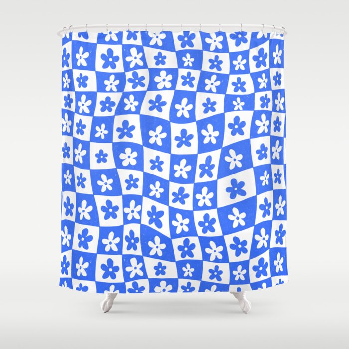 Retro Blue Daisy Checkerboard  Shower Curtain Gallery Image 1