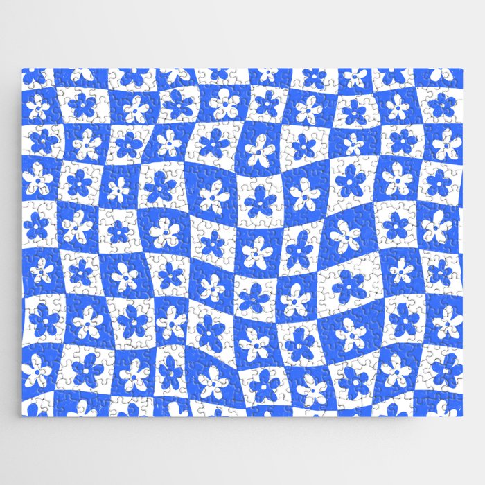 Retro Blue Daisy Checkerboard  Jigsaw Puzzle Gallery Image 1