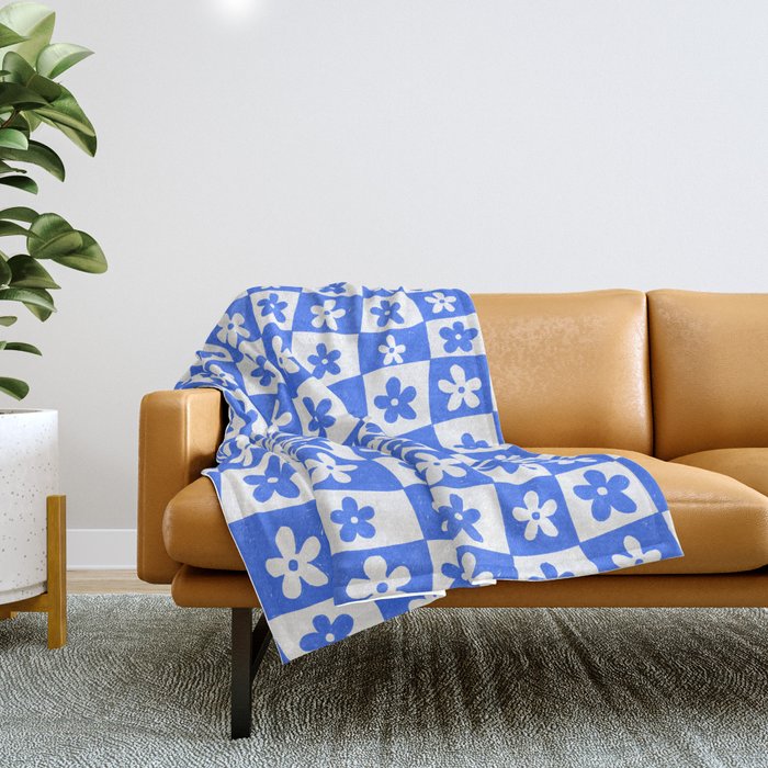 Retro Blue Daisy Checkerboard  Throw Blanket Gallery Image 1