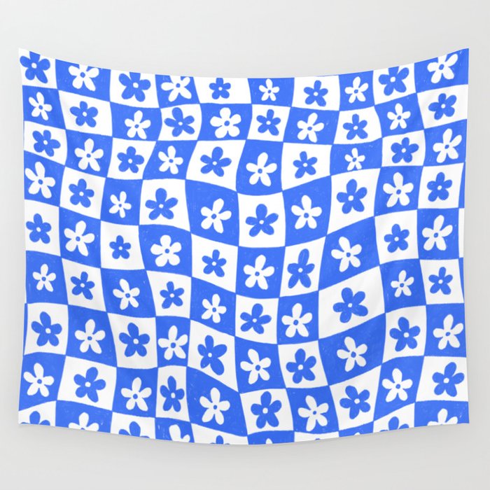 Retro Blue Daisy Checkerboard  Wall Tapestry Gallery Image 4