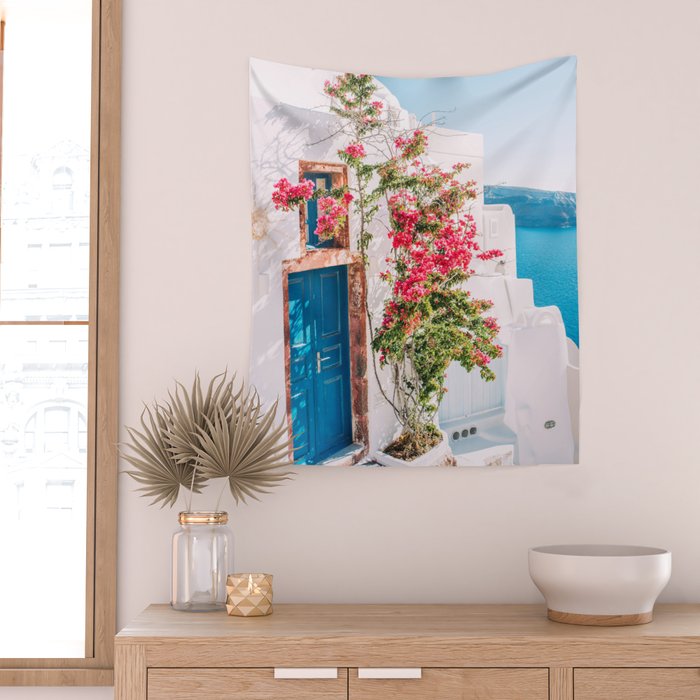 Blue Door in Santorini - Greece Travel Photography - Summer Island Wall Tapestry Gallery Image 2