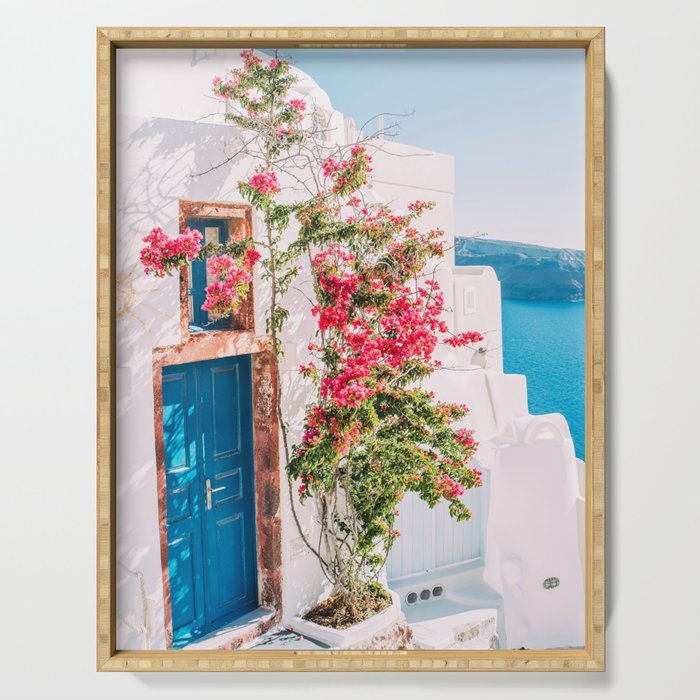 Blue Door in Santorini - Greece Travel Photography - Summer Island Serving Tray Gallery Image 1