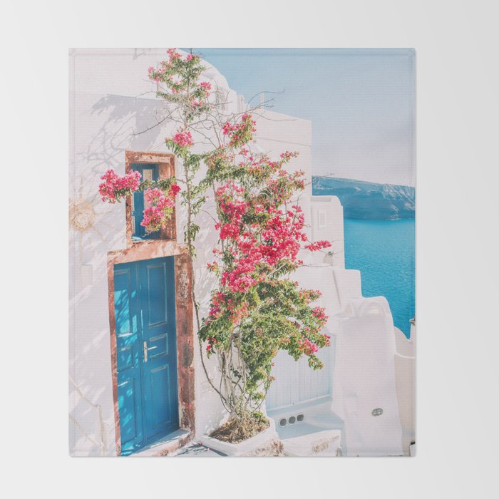 Blue Door in Santorini - Greece Travel Photography - Summer Island Throw Blanket Gallery Image 2