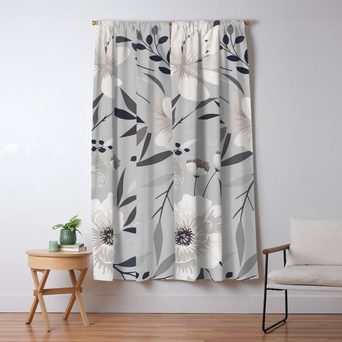 Modern, Boho, Floral Prints, Gray and White Window Curtain Gallery Image 5