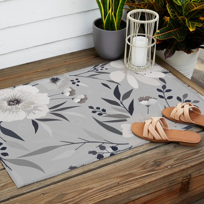Modern, Boho, Floral Prints, Gray and White Outdoor Rug Gallery Image 2