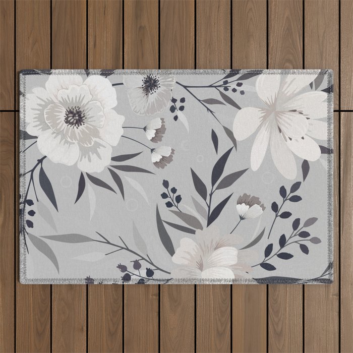Modern, Boho, Floral Prints, Gray and White Outdoor Rug Gallery Image 1
