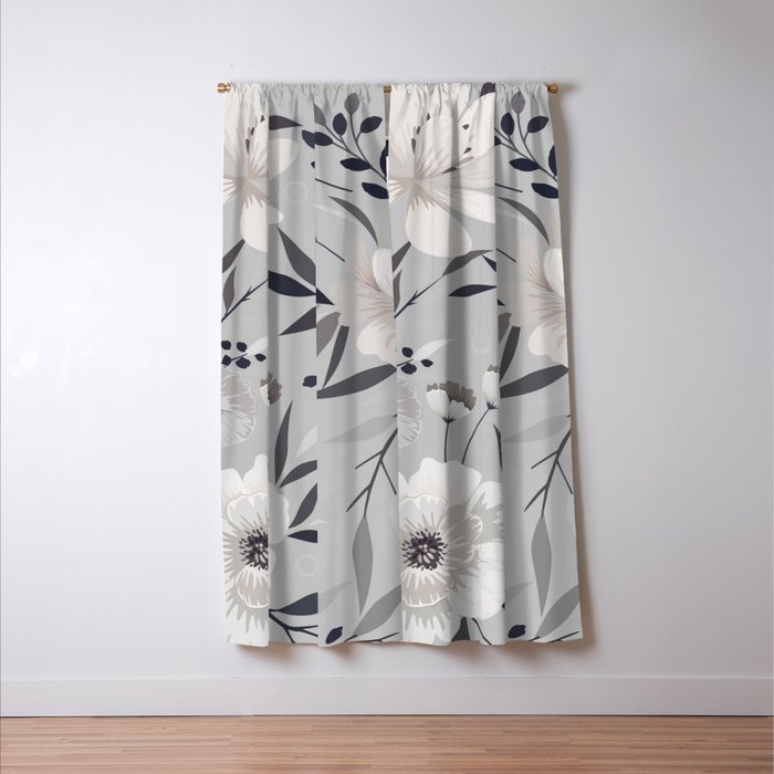 Modern, Boho, Floral Prints, Gray and White Window Curtain Gallery Image 3