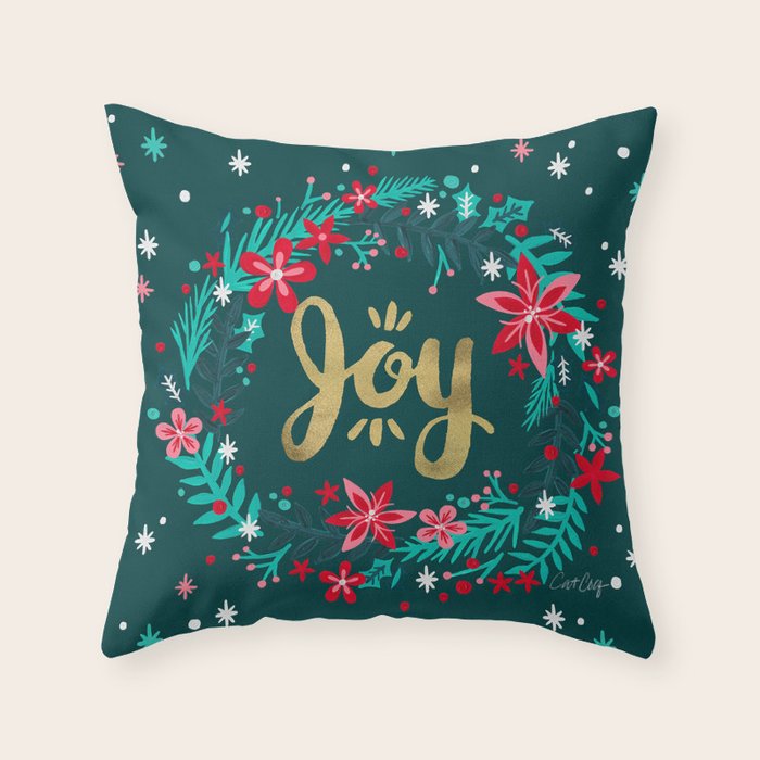 Joy Wreath - Teal Throw Pillow Gallery Image 1